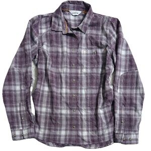 Orvis Womens Fly Fishing Top Size M Purple Plaid Button Up Outdoor Lightweight